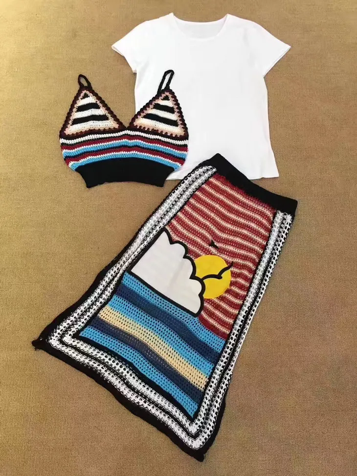 Desfile da marca roupas de verão 2017 T shirt das mulheres de moda de nova três pedaço colete saia terno 617