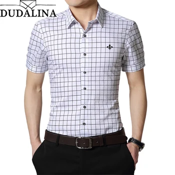 

Dudalina 2020 New Summer Mens Cotton Dress Shirts Short Sleeve Plaid Pattern Business Formal Shirt Male Camisa Male