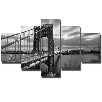 

5 Panel Canvas Print Black And White Seascape Painting Bridge Picture Wall Art Canvas Art Home Decor for Living Room No Frame
