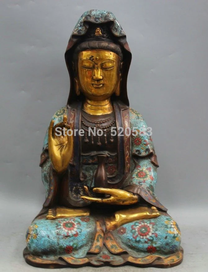 

17" Chinese Cloisonne Bronze Gild Kwan-yin Guan Yin Boddhisattva Vase Statue