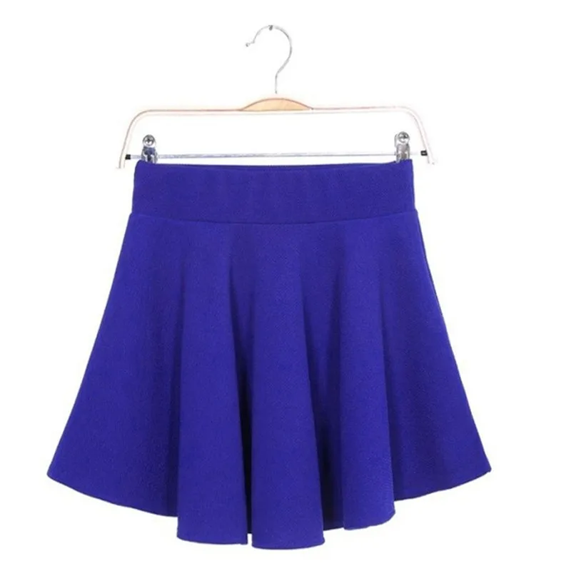 

2016 Summer Women Candy Color Stretch Waist Plain Skater Flared Pleated Mini Skirt Womens SolidBlue Short Skirts Wholesale