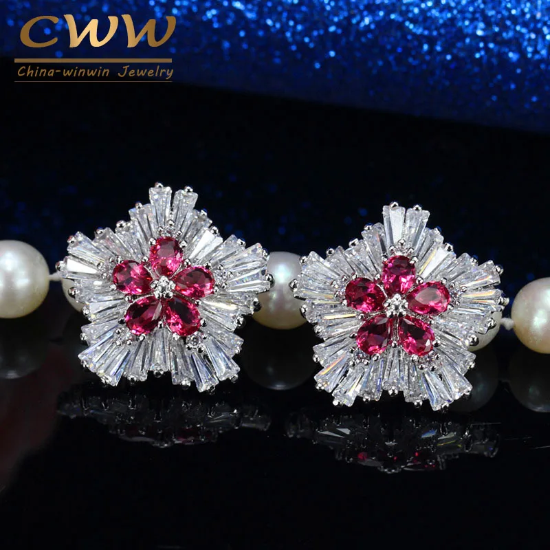 CWWZircons корейский модный бренд ювелирных изделий Розовый Красный кубический цирконий кристалл цветок рождественские серьги Подарки для женщин CZ179 - Окраска металла: red