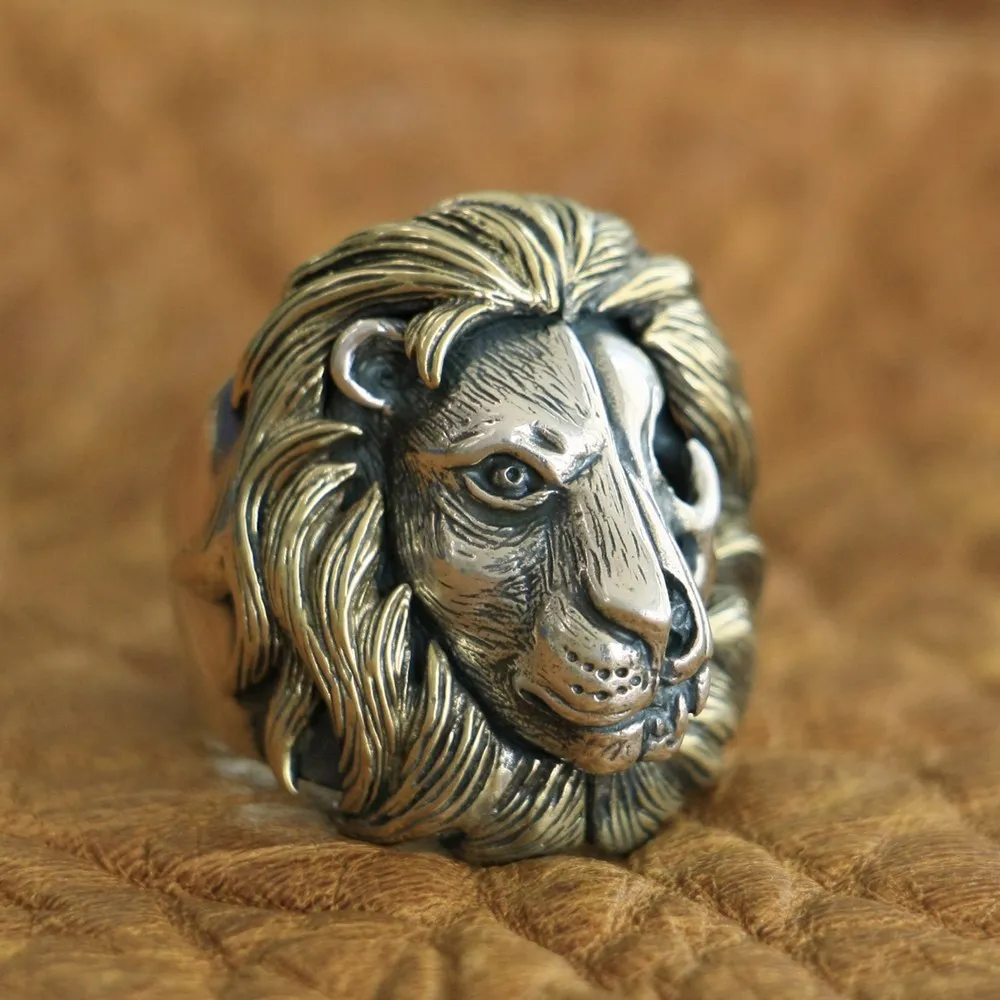 Brass Mane 925 Sterling Silver Skull Lion Ring Mens Biker Punk Ring TA115A 7~15