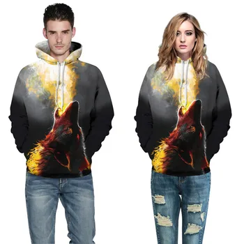 

2019 Winter Fashion Hip Hop Men/Women's pullovers 3D Digital Print Wolf spitting fire Hooded Long Sleeve Loose Polyester Hoodies