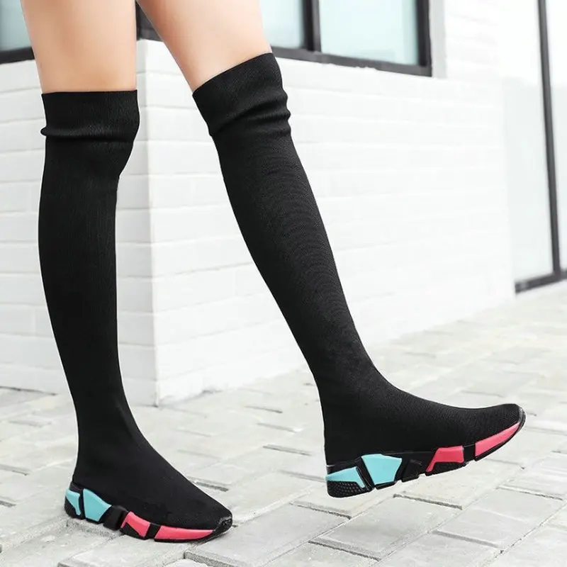 Эластичные сапоги выше колена, женские носки, черные сапоги, высокие облегающие вязаные сапоги, кроссовки, дизайнерская обувь на платформе