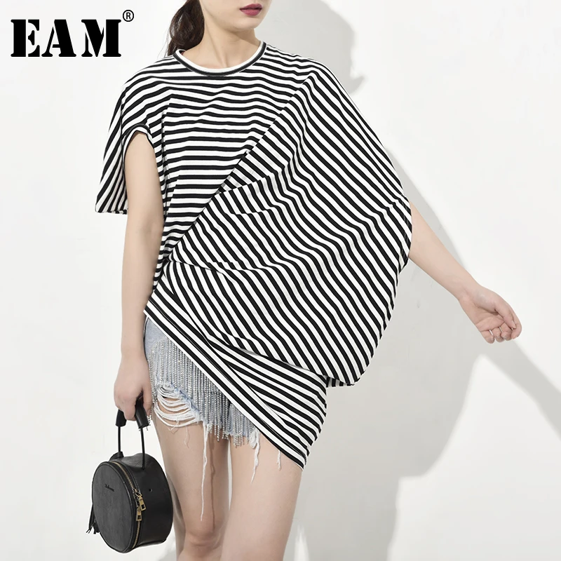 

[EAM] 2019 New Spring Summer Round Neck Short Sleeve Black Striped Printed Irregular Loose T-shirt Women Fashion Tide JU4320