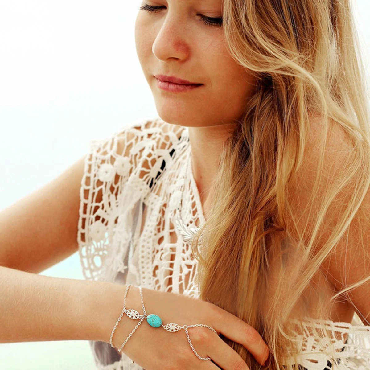 Fashion Chain Bracelet Drop Punk Silver Plated Women Metal Hand Harness Chain Turquoise Beads Slave Finger Ring Boho Jewelry