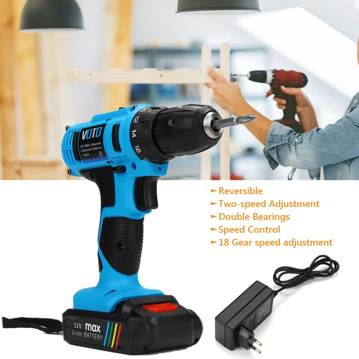 

21V EU Plug Cordless Screwdriver Tighten Loosen Screws Punch high Speed Torque Two-speed Adjustment Button 18 Gear Torque Tools