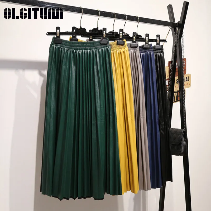 

New Pu Leather Pleated Skirt Women Half-length Retro High-waisted Slim Organ Leather Skirt Faldas Largas Elegantes Mujer SK337