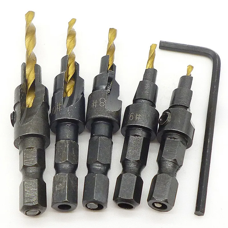 

5 pcs HSS Countersink Drill Bit Set Quick Change 1/4" Hex Shank Trim Screw #5 #6 #8 #10 #12 Counter Bore Screw Woodworking Tools