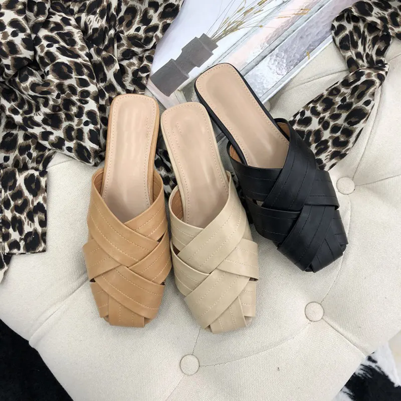 

Boussac Vintage Square Toe Flat Sandals Women Solid Weaving Slipper Sandals Women Slip on Summer Beach Sandals SWC0457