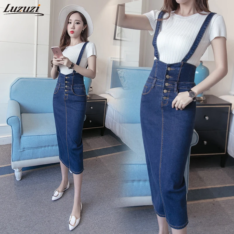 

Luzuzi Women Long Denim Skirt With Straps Women Button Jeans Skirts Plus Size 5XL High Waist Pencil Skirt Denim Skirts CE3136