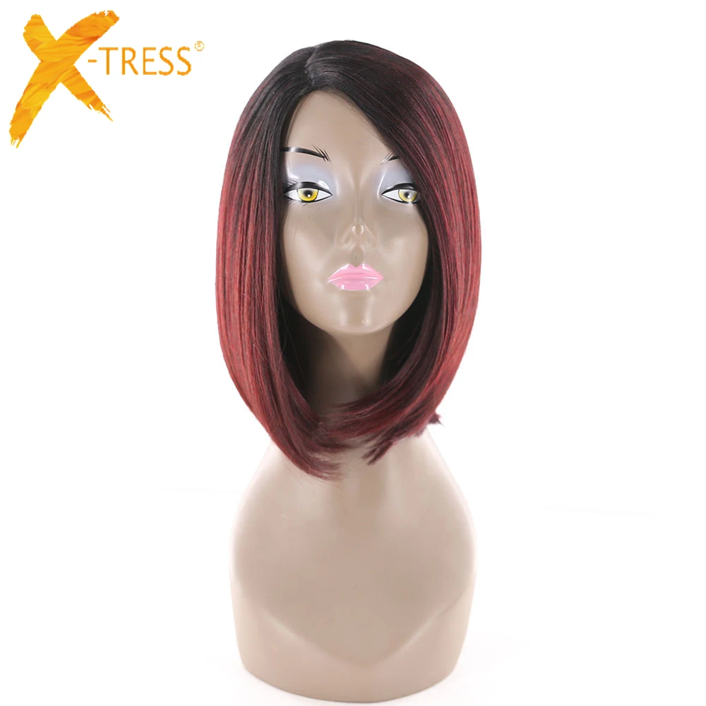 Koop X TRESS Korte Bob Zijscheiding Synthetische Pruiken Rechte Hittebestendige Vezel Pruiken 4 Kleuren Ombre Zwart Wortels Redwine Pruiken Voor vrouwen