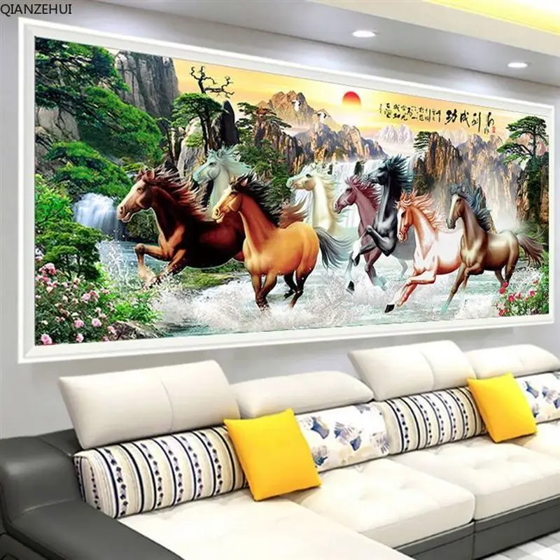 

QIANZEHUI,Diamond Embroidery,Full Round Diamond Eight horse scenery rhinestone 5D Diamond painting cross stitch,needlework