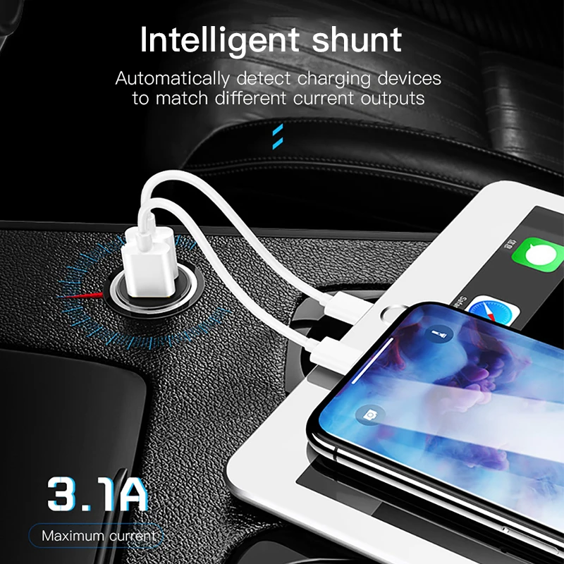 !ACCEZZ USB Car Charger Dual Port Adapter 3.1A 5V With LED Charger Universal For Xiaomi iPhone XS XR Huawei Samsung Mobile Phone (5)