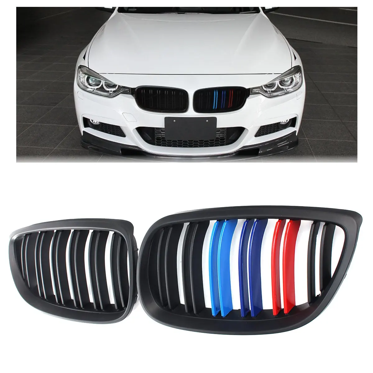 

1Pair Front Matte Black M Color Kidney Double Slat Line Car Grill Grille Bumper For BMW E92 E93 2007 2008 2009 2010 Racing Grill