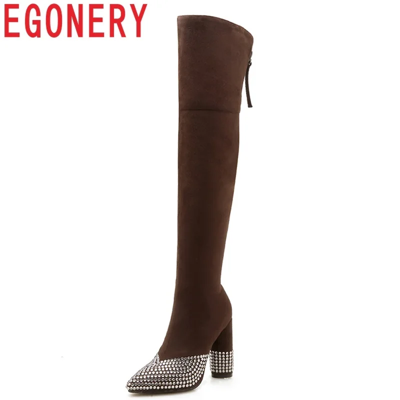 

EGONERY hot sale newest fashion pointed toe zipper super high strange style three colors women over the knee boots party shoes