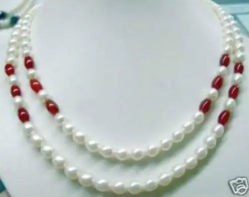 

shipping Beautiful! 7-8mm White pearl ruby bead necklace 2 rows