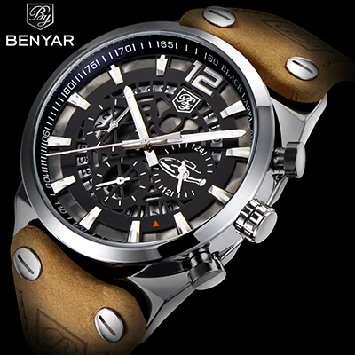 Silver white BENYAR, модный бренд, военные кварцевые мужские часы, большой циферблат, хронограф, спортивные, повседневные мужские часы, кожа, мужские часы с коробкой - Цвет: Silver white