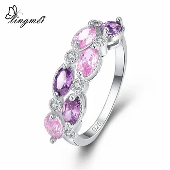 

lingmei Wedding MarquisePurple PinkGold Champagne CZ Silver Color Ring Size 6-9 Fashion Simple Women Jewelry Wholesale