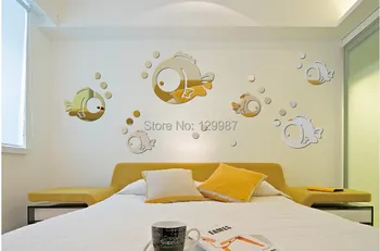 

New design acrylic bubble fish crystal wall mirror sticker , 3D decorative wall sticker mirror for kids room deco