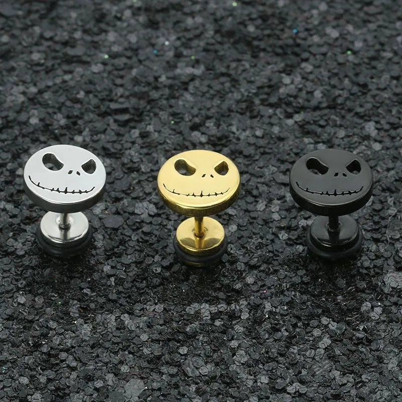 Men's Stud Earrings SKull Button Ear Plugs Studs Titanium Steel Silver Gold Black Anti-allergic Fashion Jewelry Free Shipping1