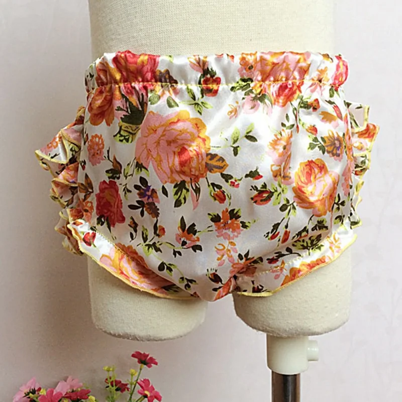 

5 Colors Baby Girls Clothing Floral Silk Bow satin shorts ruffle diaper cover bloomer Child baby girl satin panties bloomers