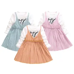 Весеннее милое детское платье для девочек, повседневный комплект из 2 предметов, платье в полоску с длинными рукавами, костюм, детские