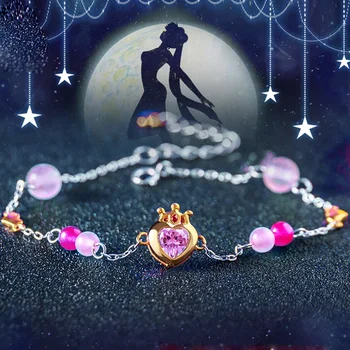 

s925 Cartoon Sailor Moon Charm Bracelet Cardcaptor Sakura Flower Pearls Chain Wristlet Bangle Haert Jewelry for Girl Kid Gift