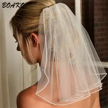 BOAKO пышные короткие тюль белая свадебная фата дешево Фата цвета слоновой кости одноярусный Алмазный бисер украшения для волос женские вуали