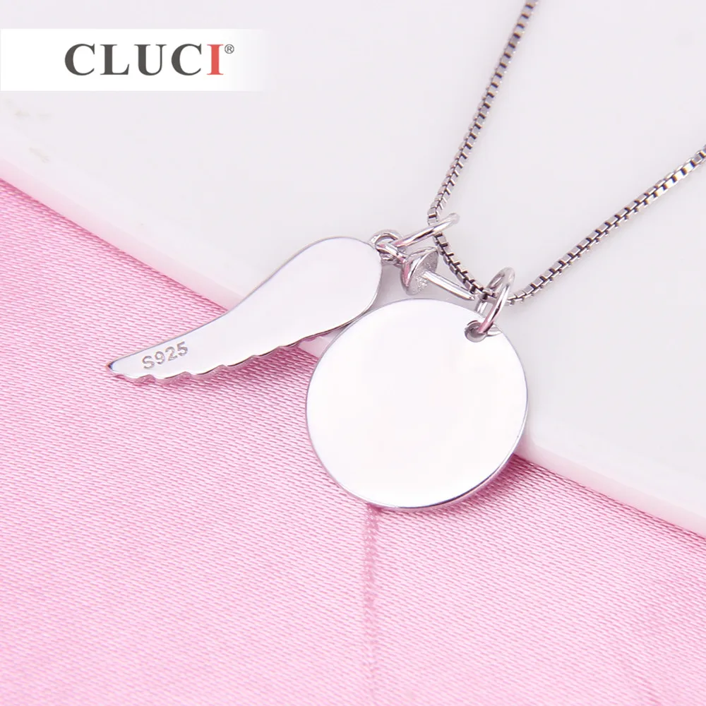CLUCI 925 Sterling Silver Angle Wing Pendant Mounting A piece lives in Heaven Round Pendant separable necklace diy SP247SB