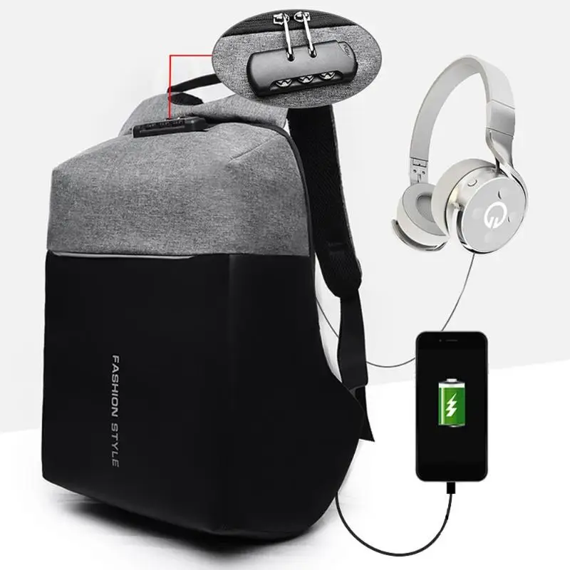 Холщовые мужские рюкзаки для ноутбука подростковые USB зарядка анти вор