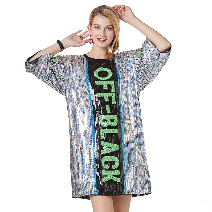 

2019 Summer New Casual Letters Tees Women Sequins Performance Dance Sequined T-shirt Female Loose Long Tshirts Dress