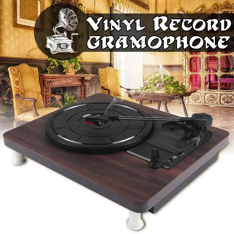 

33, 45, 78 RPM Record Player Antique Gramophone Turntable Disc Vinyl Audio RCA R/L 3.5mm Output Out USB DC 5V Wood Color