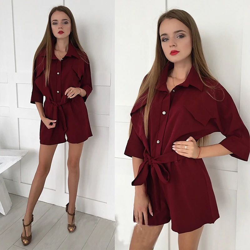 Women Sashes Button Casual Jumpsuit Half Sleeve Turn Down