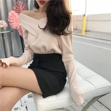 Топы весенние модные однотонные топы со слоном черный абрикосовый популярный винтажный сексуальный пуловер с v-образным вырезом футболки с длинными рукавами