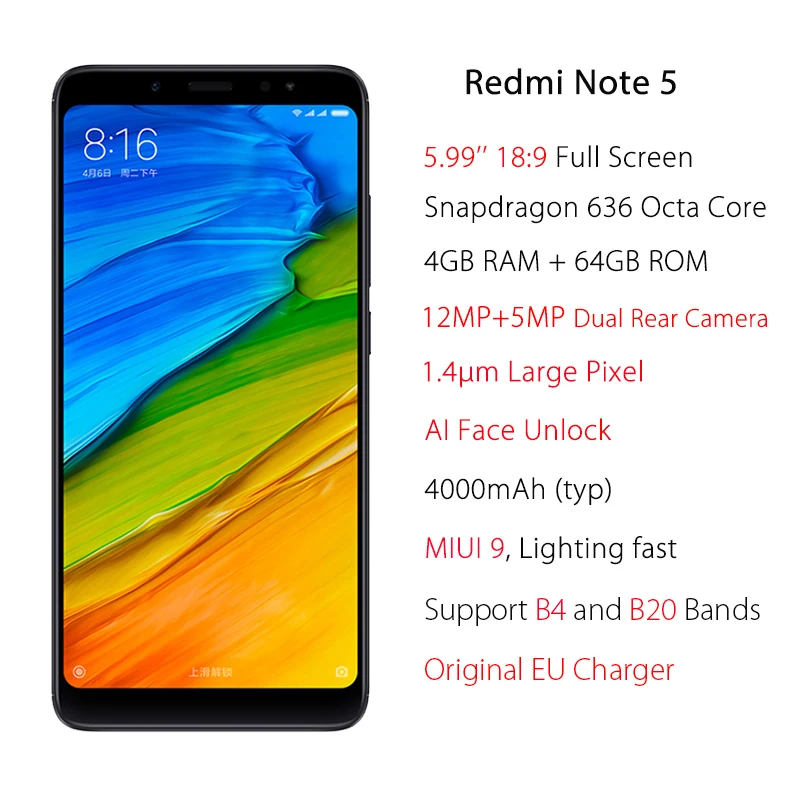 Xiaomi Redmi Note 5 4 Гб 64 глобальная версия смартфона 99 ''Snapdragon 636 4G LTE двойная камера 4000