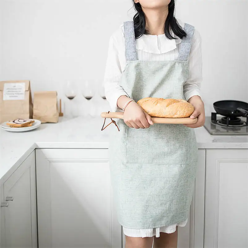 

Cotton Linen Apron Japanese Abstract Suspender Dress with Pockets Kitchen Cafe Cooking Painters Workwear