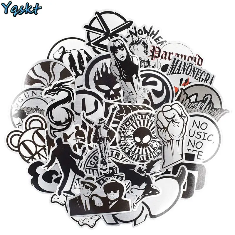 

50 Pcs Metallic Black and White Punk Rock Music Graffiti Sticker Waterproof Luggage Guitar Skateboard Car PVC Stickers Toys