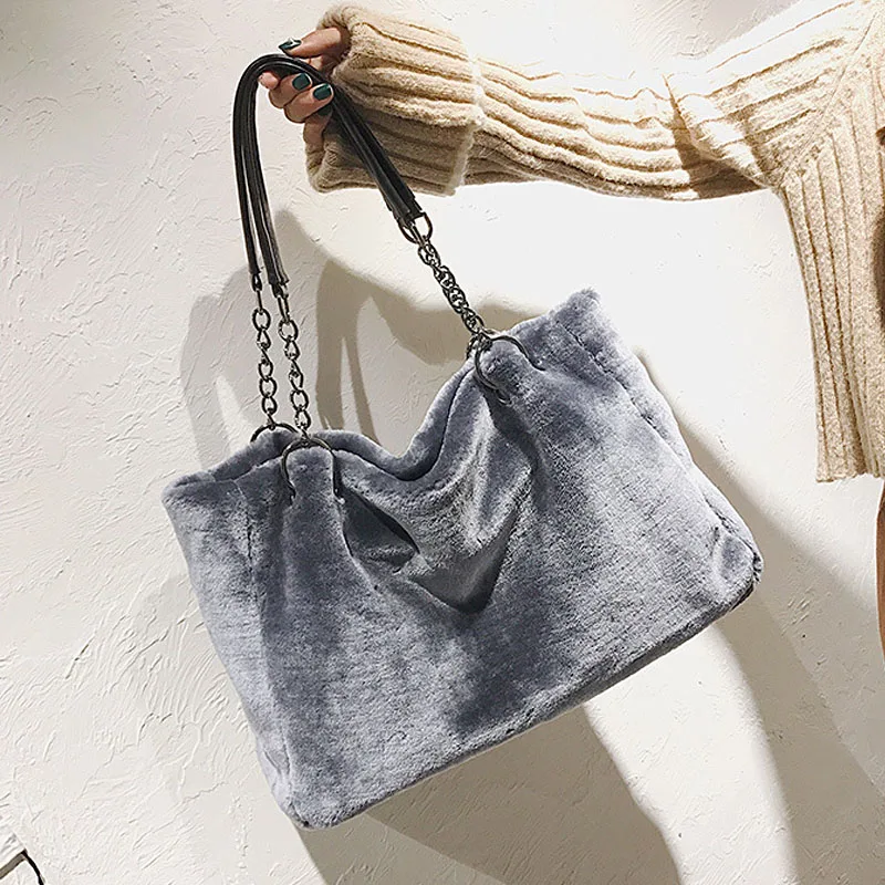 

Velvet Plush Handbag for Women 2018 Winter Lady Chain Shoulder Bags Large Capacity Tote Bags Femme Fashion Retro Soft Fur Bolsa