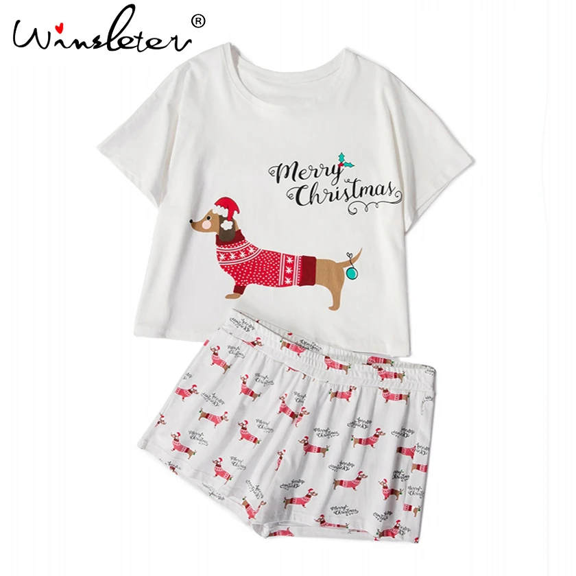 Women Christmas pajama sets dachshund with santa hat dog print 2 pieces set crop top + shorts elastic waist loose pyjamas S7N001