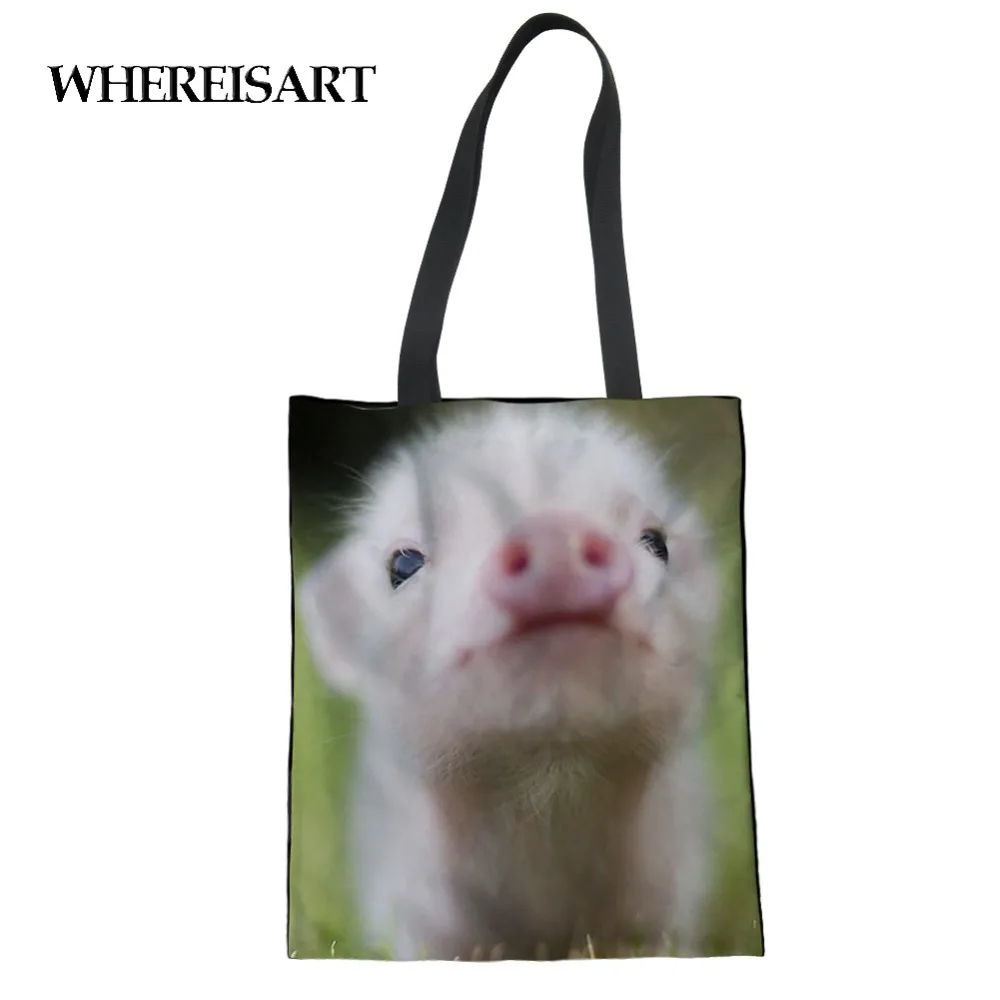 

WHEREISART Women's Shoulder Bags Animals Pigs Pattern Tote Handbags Female Cotton Guitar Design Shopping Bags Beach Bag Bolsa
