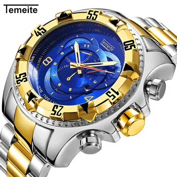 

TEMEITE 2019 New Quartz Watches Men Fashion Creative Design Big Dial Wristwatch Luxury Golden Full Steel Band Relogio Masculino