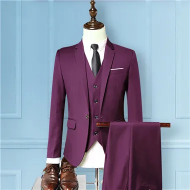 Мужские деловые костюмы, комплекты из трех предметов, деловой Свадебный костюм жениха, мужской пиджак+ жилет+ брюки, размер S-3XL - Цвет: Бургундия