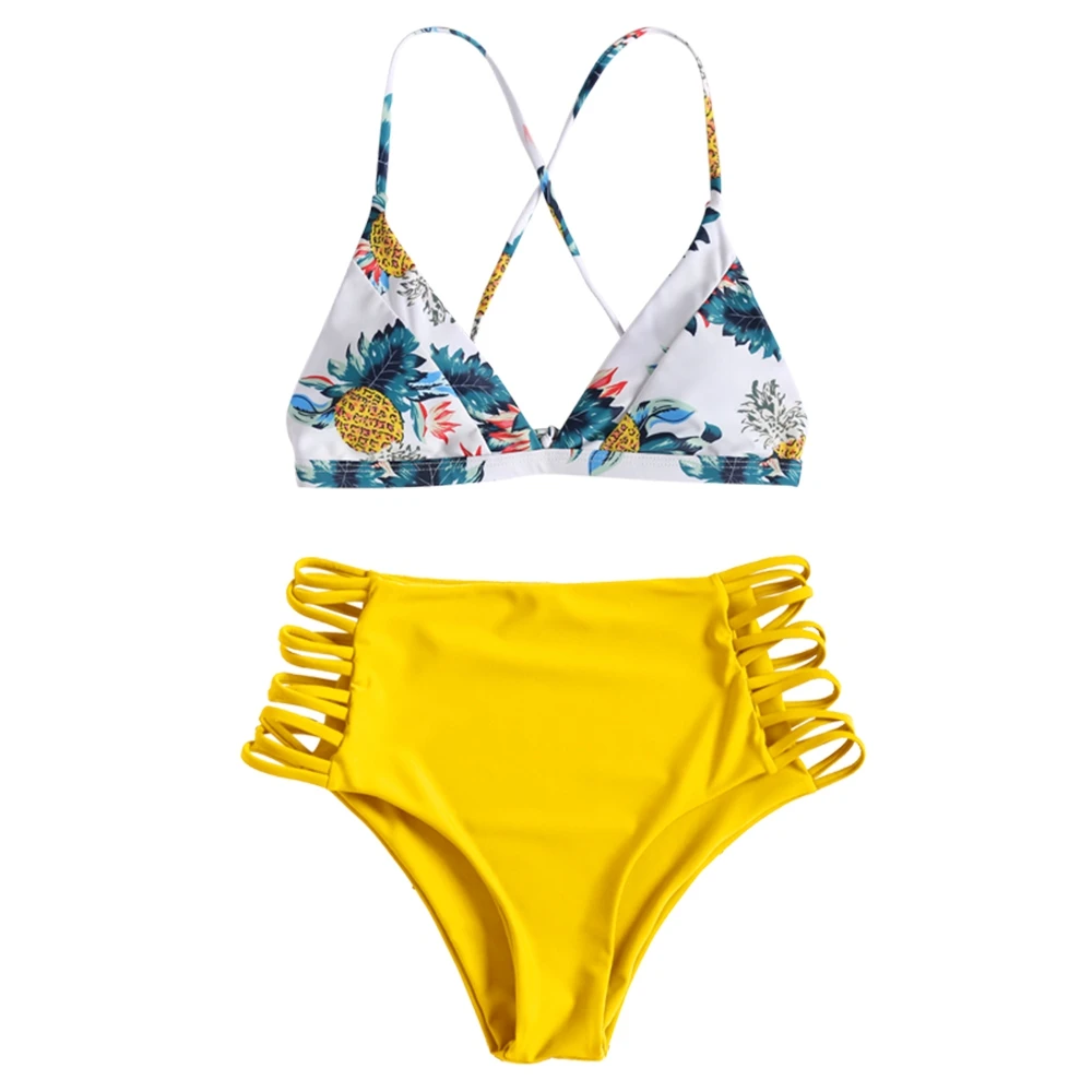 Women Pineapple Print Strappy High Rise Bikini Set Cut Out Push Up