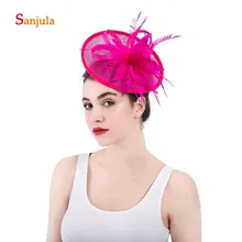 Фуксия льняные шляпы для женщин перья круглой формы головной убор для приемов аксессуары для волос с заколками pamelas sombreros bodas H63