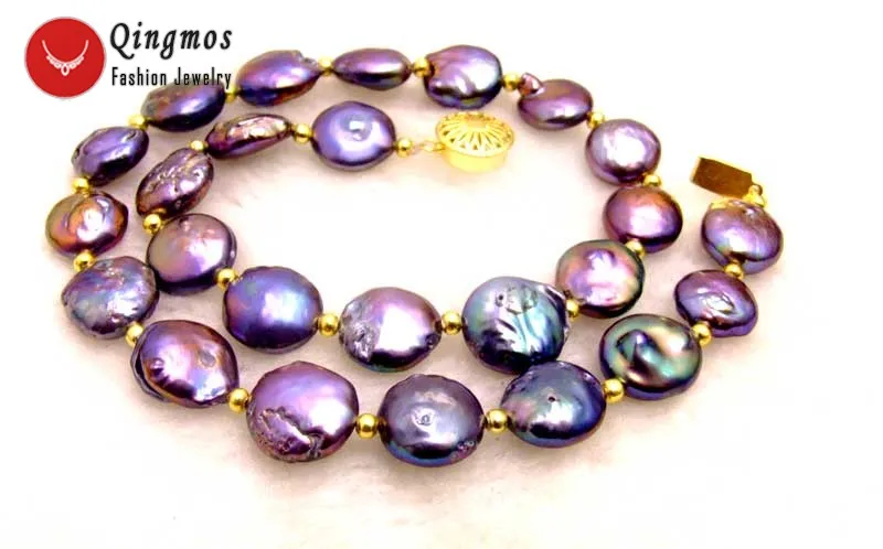 

Qingmos Natural Black Coin Round 14-15mm Pearl Necklace for Women with 17" Chokers Necklace Jewelry nec6166 Free shipping