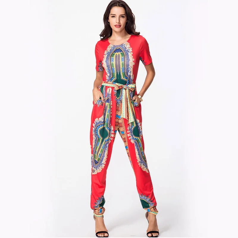 Waistbanded Slim Fitted Bodysuit 2018 autumn women's digital printing jumpsuit waist straps jumpsuit long Bohe onesies Fashion
