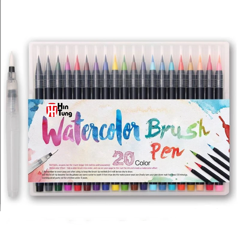 

20 Colors Watercolor Pen Color Soft Tip Brush Creative Calligraphy Pen Dipped in Water Painting Set Markers Pen +1 waterbrush