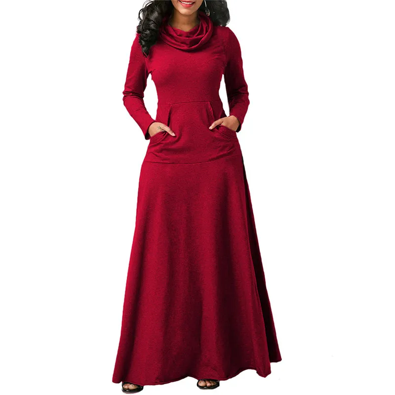 

Autumn Solid Long Dress Ladies Long Sleeve Cotton Pile Collar Dress Casual Stretch Waist Pocket Bib Dress Party Vestidos